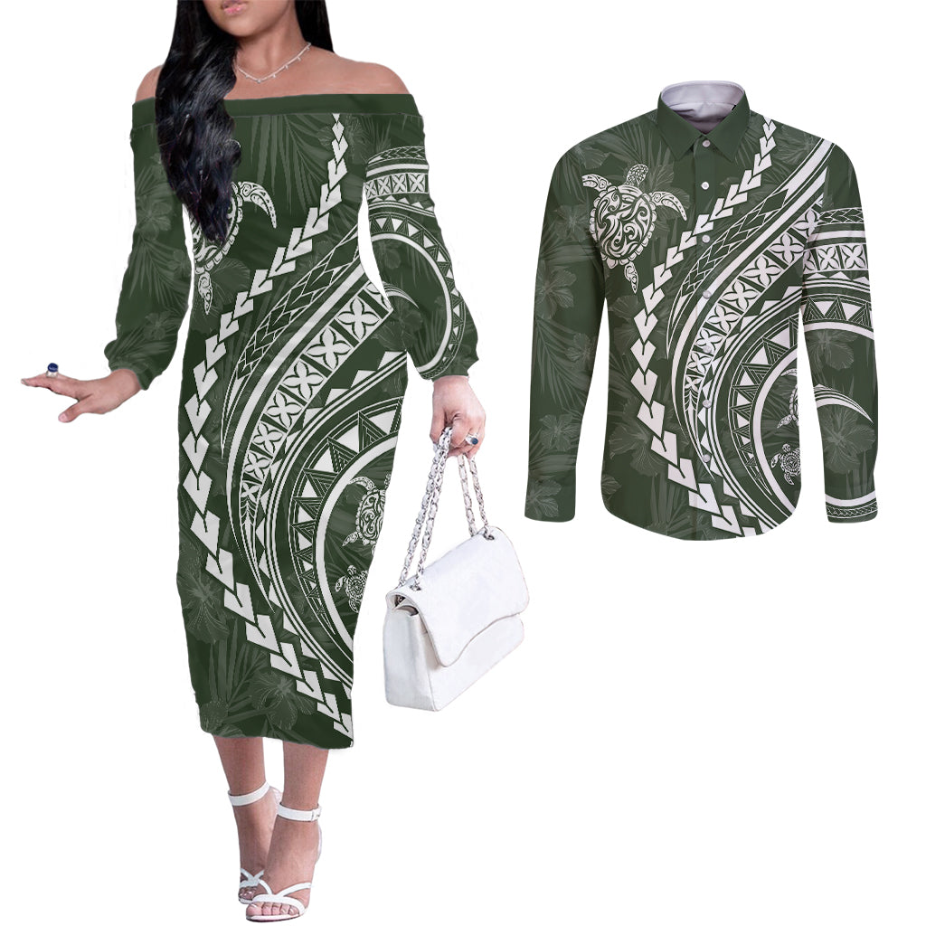 polynesian-pride-couples-matching-off-the-shoulder-long-sleeve-dress-and-long-sleeve-button-shirts-turtle-hibiscus-luxury-style-sage