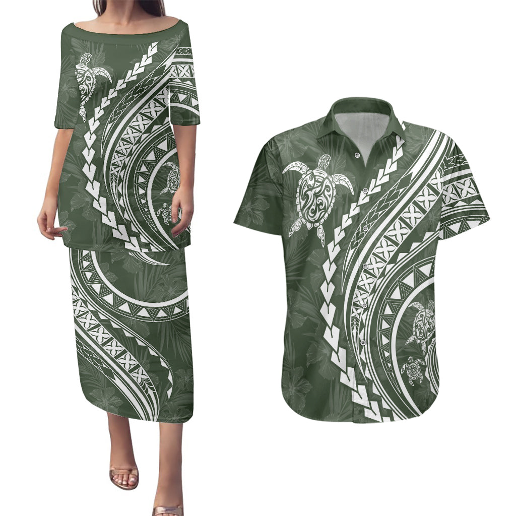 Polynesian Pride Couples Matching Puletasi Dress and Hawaiian Shirt Turtle Hibiscus Luxury Style - Sage LT7 - Wonder Print Shop