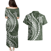 Polynesian Pride Couples Matching Puletasi Dress and Hawaiian Shirt Turtle Hibiscus Luxury Style - Sage LT7 - Wonder Print Shop