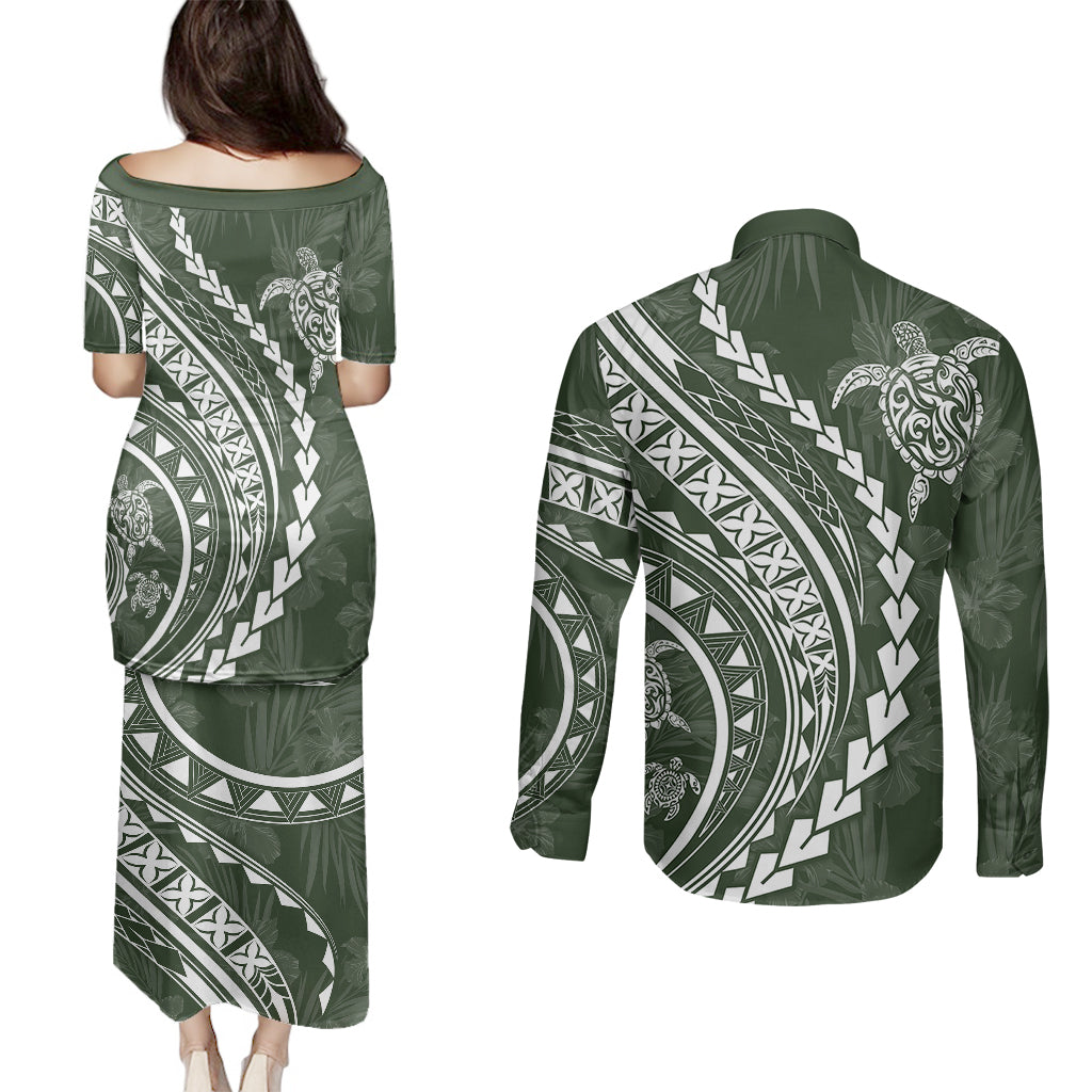 Polynesian Pride Couples Matching Puletasi Dress and Long Sleeve Button Shirts Turtle Hibiscus Luxury Style - Sage LT7 - Wonder Print Shop