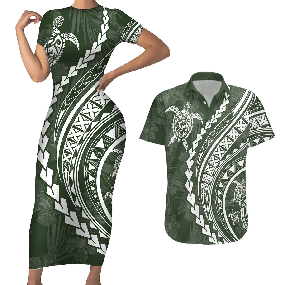 Polynesian Pride Couples Matching Short Sleeve Bodycon Dress and Hawaiian Shirt Turtle Hibiscus Luxury Style - Sage LT7 - Wonder Print Shop
