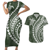 Polynesian Pride Couples Matching Short Sleeve Bodycon Dress and Hawaiian Shirt Turtle Hibiscus Luxury Style - Sage LT7 - Wonder Print Shop