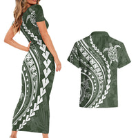 Polynesian Pride Couples Matching Short Sleeve Bodycon Dress and Hawaiian Shirt Turtle Hibiscus Luxury Style - Sage LT7 - Wonder Print Shop
