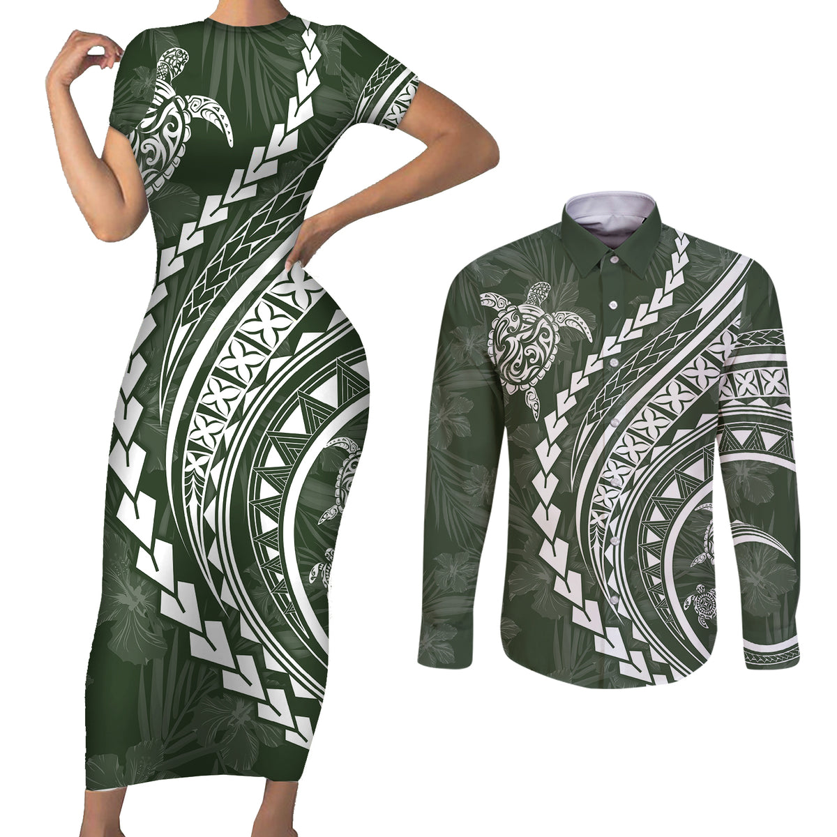 Polynesian Pride Couples Matching Short Sleeve Bodycon Dress and Long Sleeve Button Shirts Turtle Hibiscus Luxury Style - Sage LT7 - Wonder Print Shop