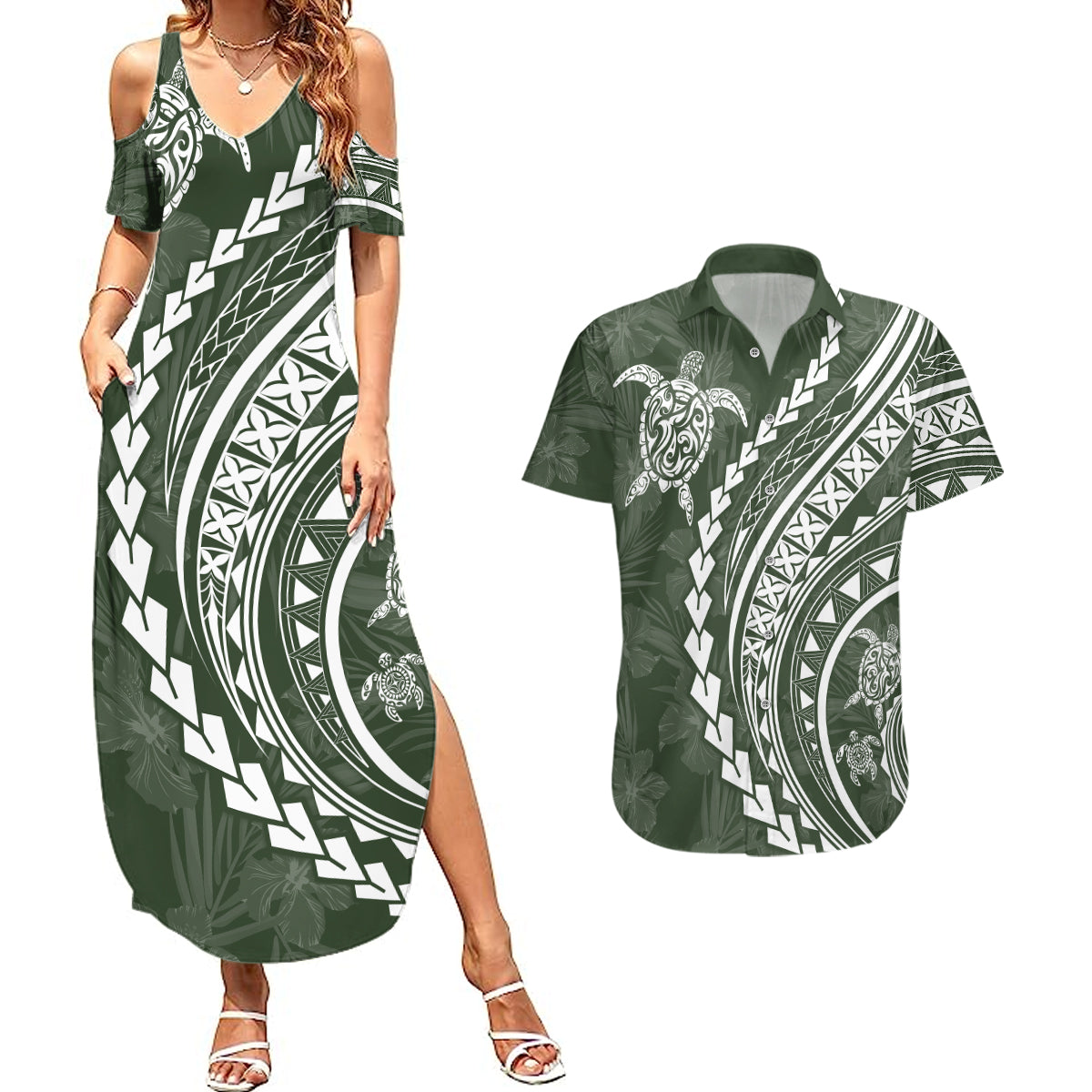Polynesian Pride Couples Matching Summer Maxi Dress and Hawaiian Shirt Turtle Hibiscus Luxury Style - Sage LT7 - Wonder Print Shop