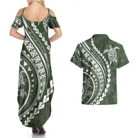 Polynesian Pride Couples Matching Summer Maxi Dress and Hawaiian Shirt Turtle Hibiscus Luxury Style - Sage LT7 - Wonder Print Shop