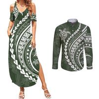 Polynesian Pride Couples Matching Summer Maxi Dress and Long Sleeve Button Shirts Turtle Hibiscus Luxury Style - Sage LT7 - Wonder Print Shop
