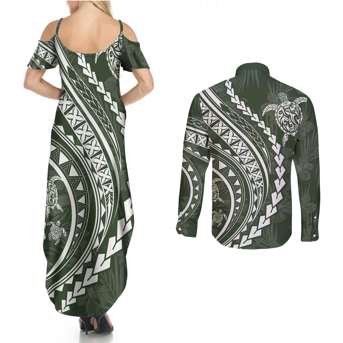 Polynesian Pride Couples Matching Summer Maxi Dress and Long Sleeve Button Shirts Turtle Hibiscus Luxury Style - Sage LT7 - Wonder Print Shop