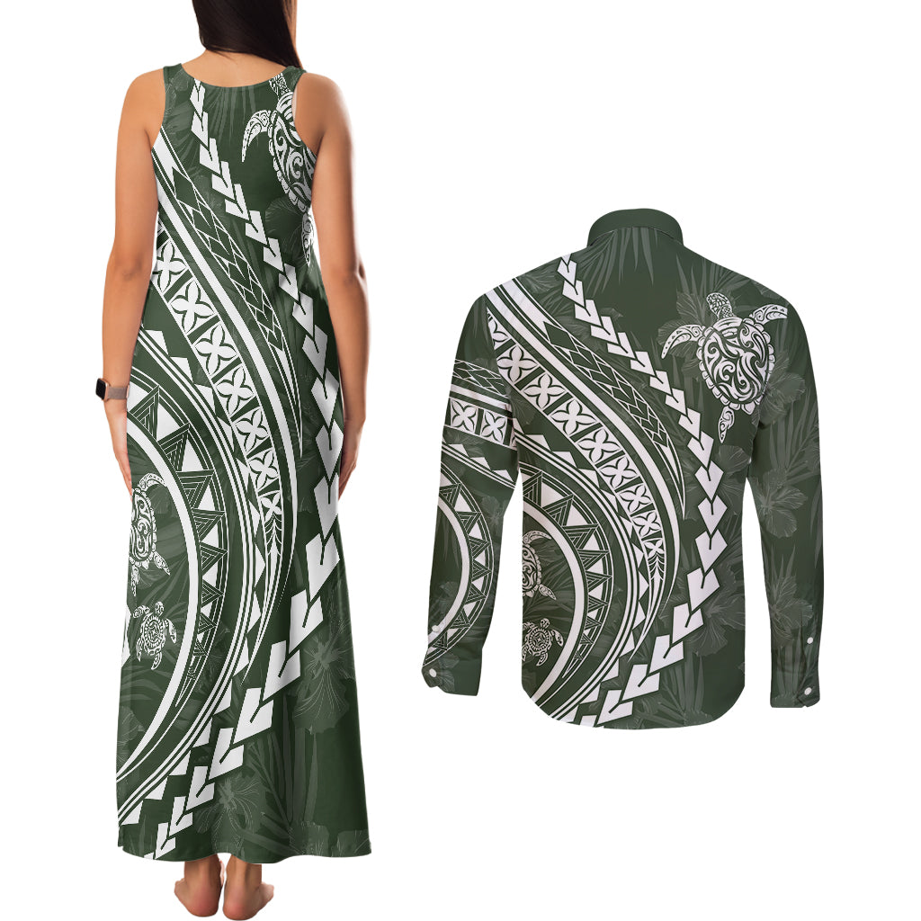 Polynesian Pride Couples Matching Tank Maxi Dress and Long Sleeve Button Shirts Turtle Hibiscus Luxury Style - Sage LT7 - Wonder Print Shop