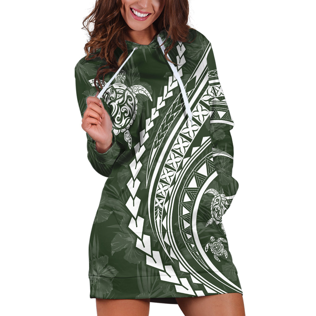 Polynesian Pride Hoodie Dress Turtle Hibiscus Luxury Style - Sage - Wonder Print Shop