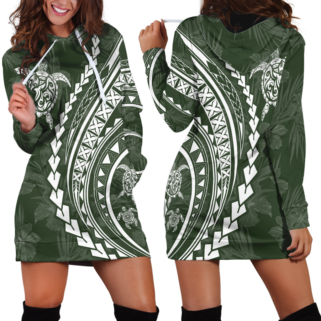 Polynesian Pride Hoodie Dress Turtle Hibiscus Luxury Style - Sage - Wonder Print Shop