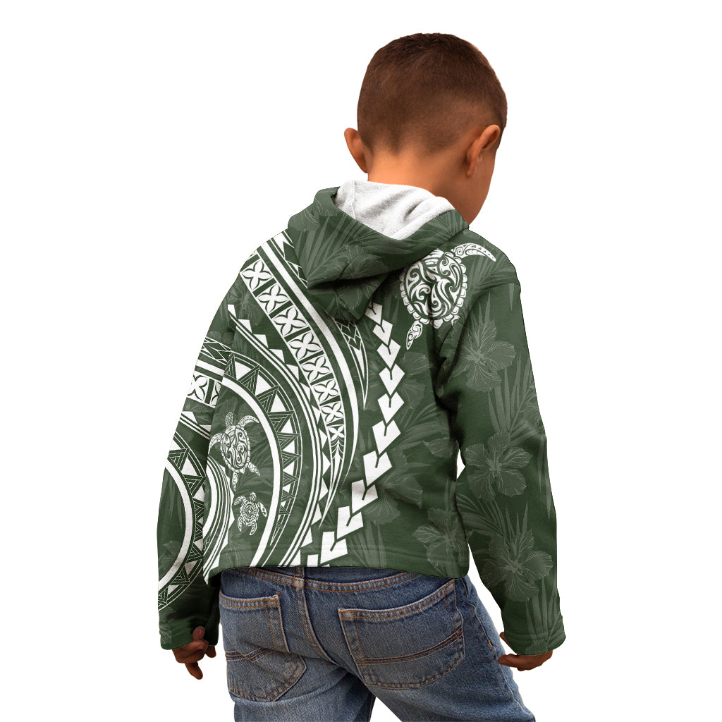 Polynesian Pride Kid Hoodie Turtle Hibiscus Luxury Style - Sage - Wonder Print Shop
