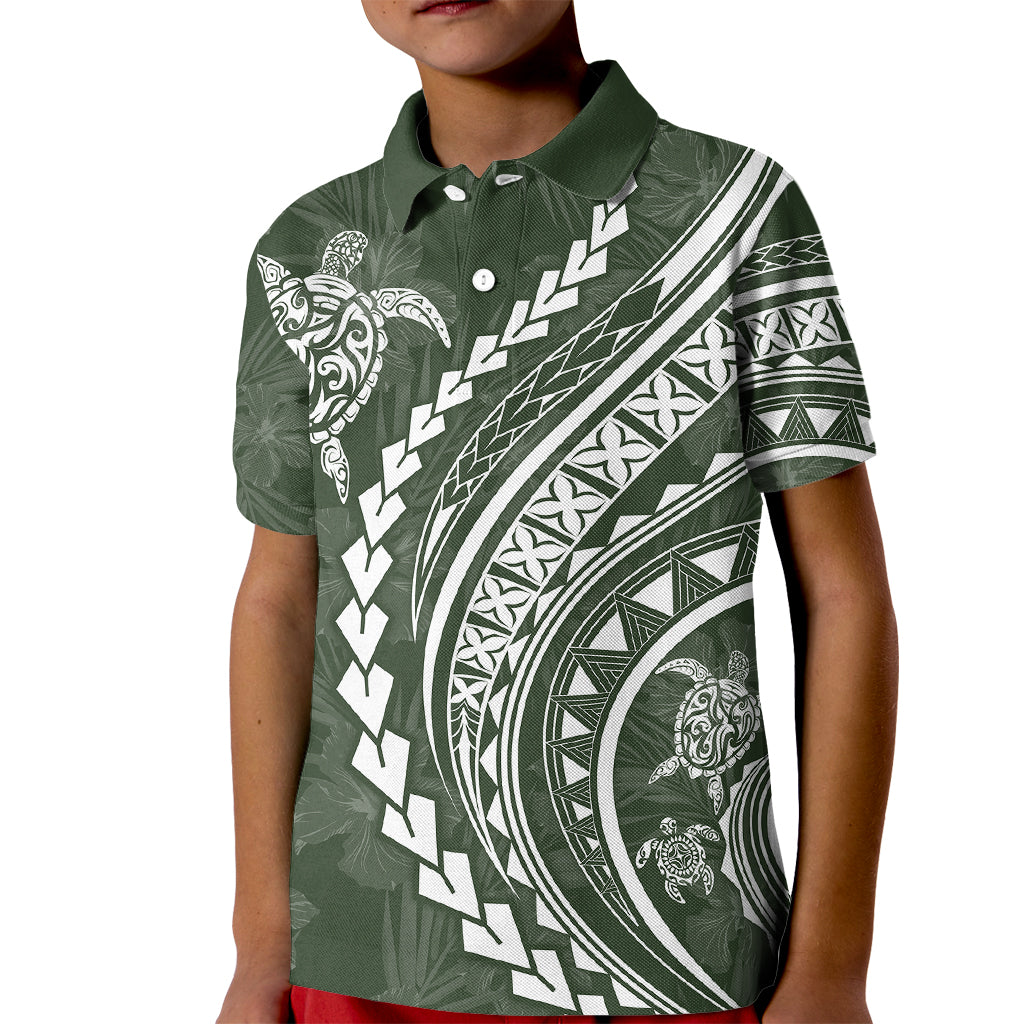 Polynesian Pride Kid Polo Shirt Turtle Hibiscus Luxury Style - Sage - Wonder Print Shop