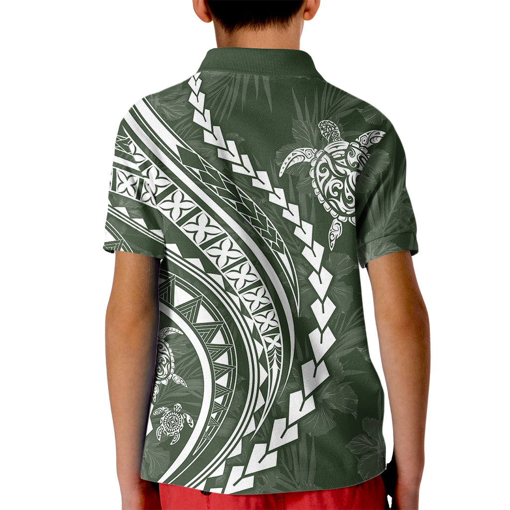 Polynesian Pride Kid Polo Shirt Turtle Hibiscus Luxury Style - Sage - Wonder Print Shop
