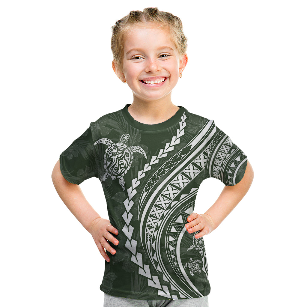 Polynesian Pride Kid T Shirt Turtle Hibiscus Luxury Style - Sage - Wonder Print Shop