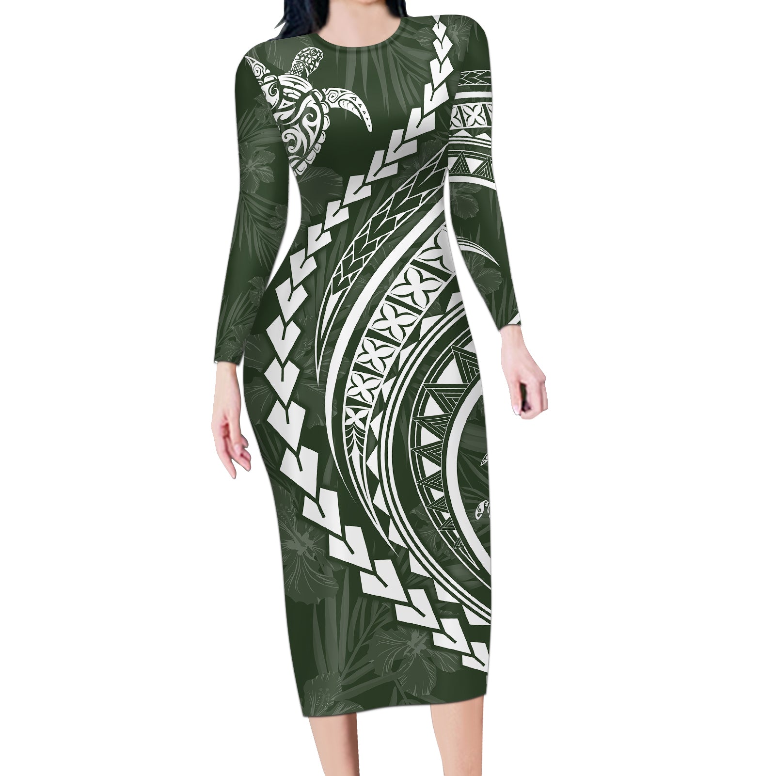 Polynesian Pride Long Sleeve Bodycon Dress Turtle Hibiscus Luxury Style - Sage - Wonder Print Shop