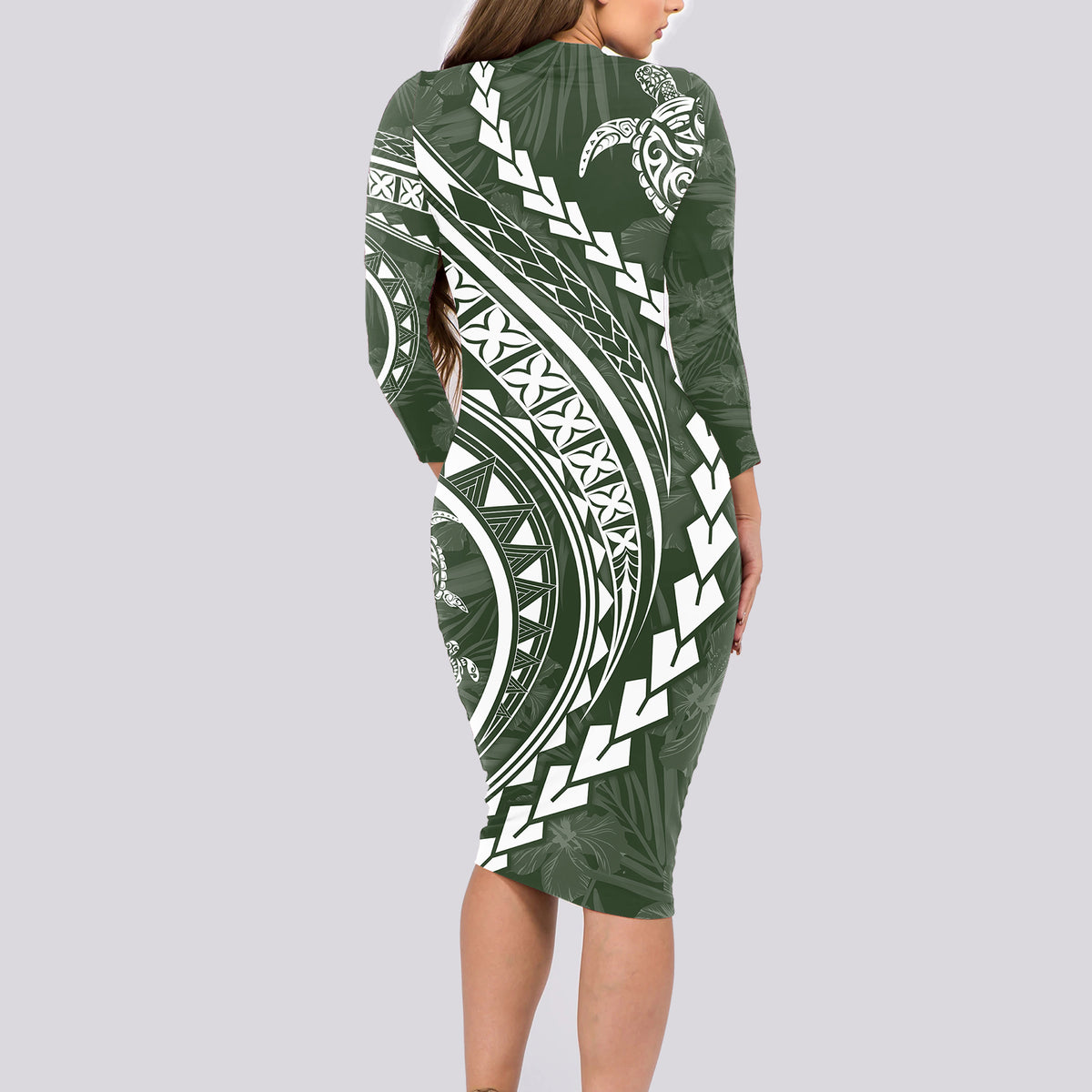 Polynesian Pride Long Sleeve Bodycon Dress Turtle Hibiscus Luxury Style - Sage - Wonder Print Shop