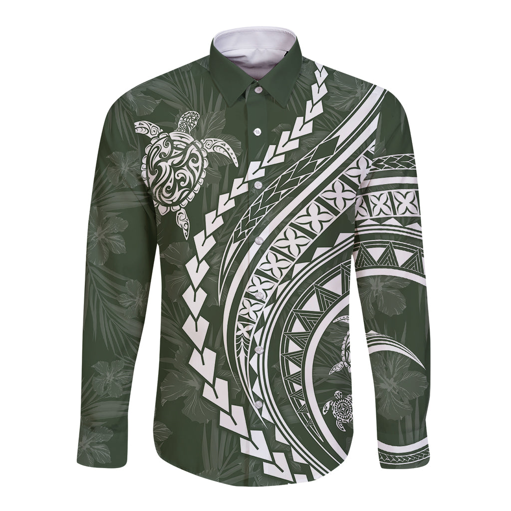 Polynesian Pride Long Sleeve Button Shirt Turtle Hibiscus Luxury Style - Sage - Wonder Print Shop