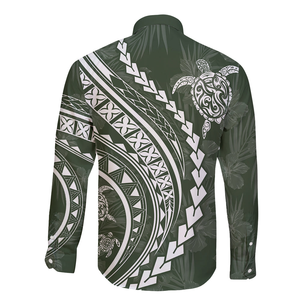 Polynesian Pride Long Sleeve Button Shirt Turtle Hibiscus Luxury Style - Sage - Wonder Print Shop