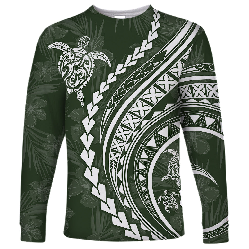 Polynesian Pride Long Sleeve Shirt Turtle Hibiscus Luxury Style - Sage - Wonder Print Shop