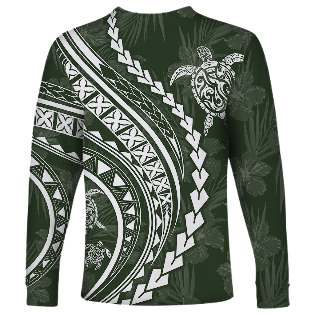 Polynesian Pride Long Sleeve Shirt Turtle Hibiscus Luxury Style - Sage - Wonder Print Shop