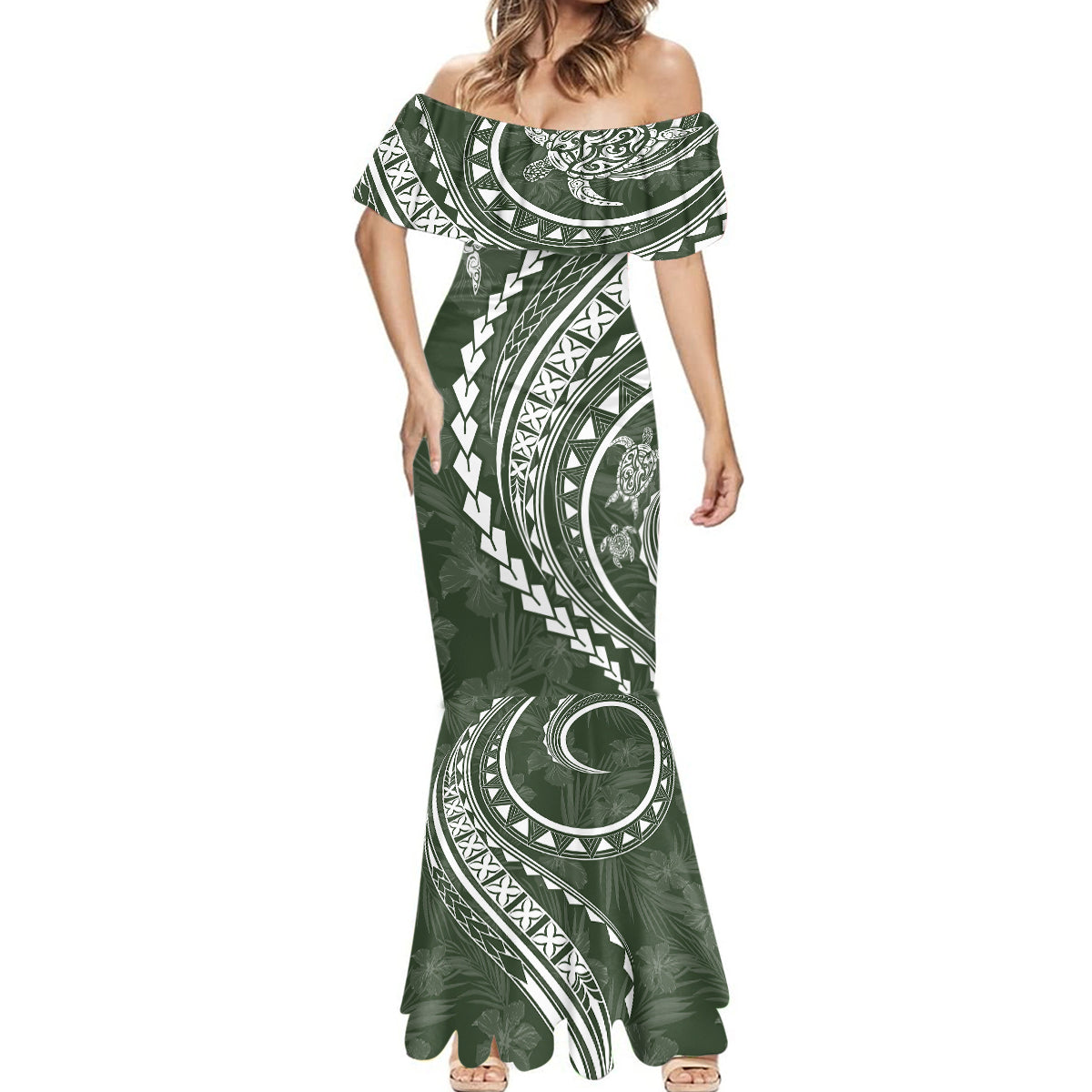 Polynesian Pride Mermaid Dress Turtle Hibiscus Luxury Style - Sage - Wonder Print Shop