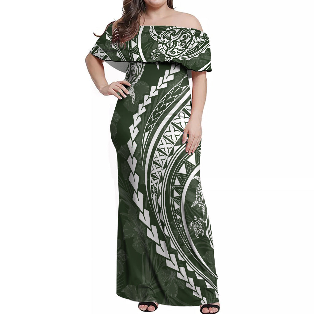 Polynesian Pride Off Shoulder Maxi Dress Turtle Hibiscus Luxury Style - Sage - Wonder Print Shop