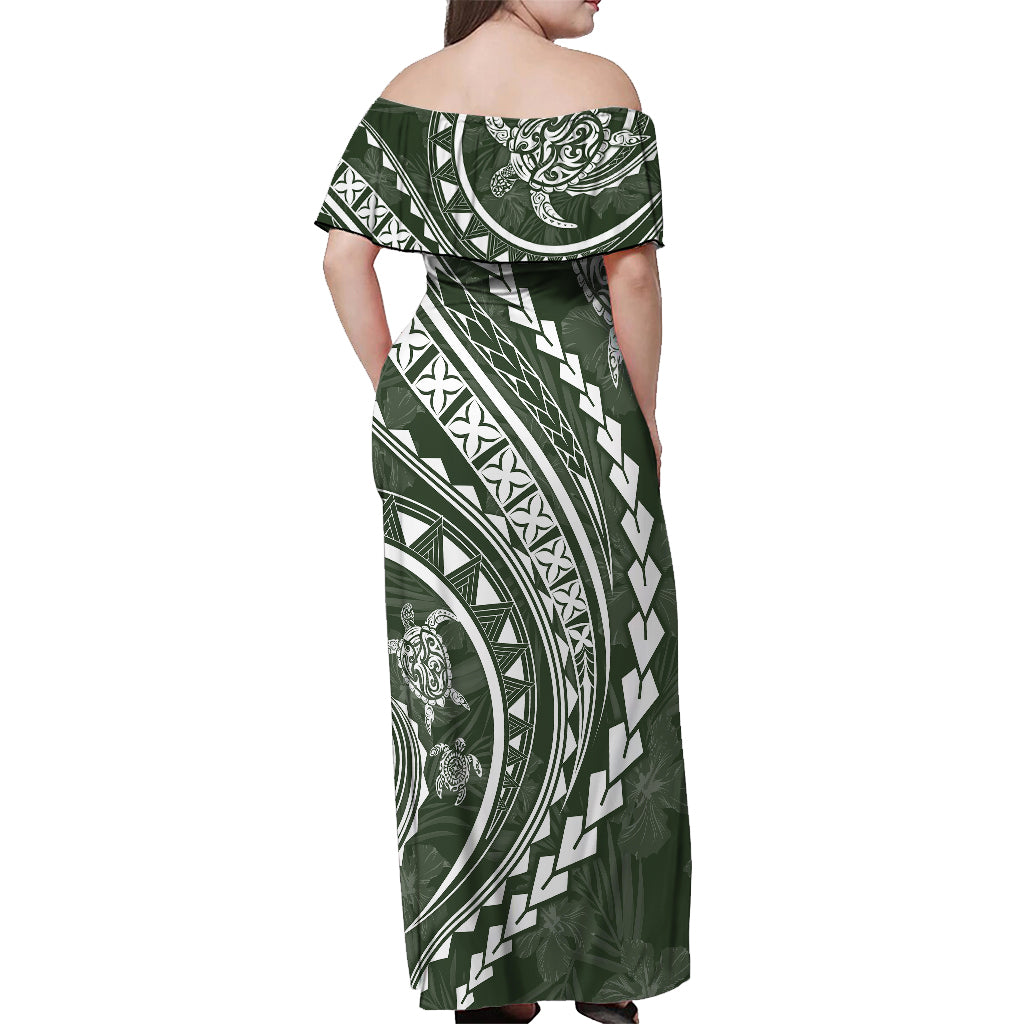 Polynesian Pride Off Shoulder Maxi Dress Turtle Hibiscus Luxury Style - Sage - Wonder Print Shop
