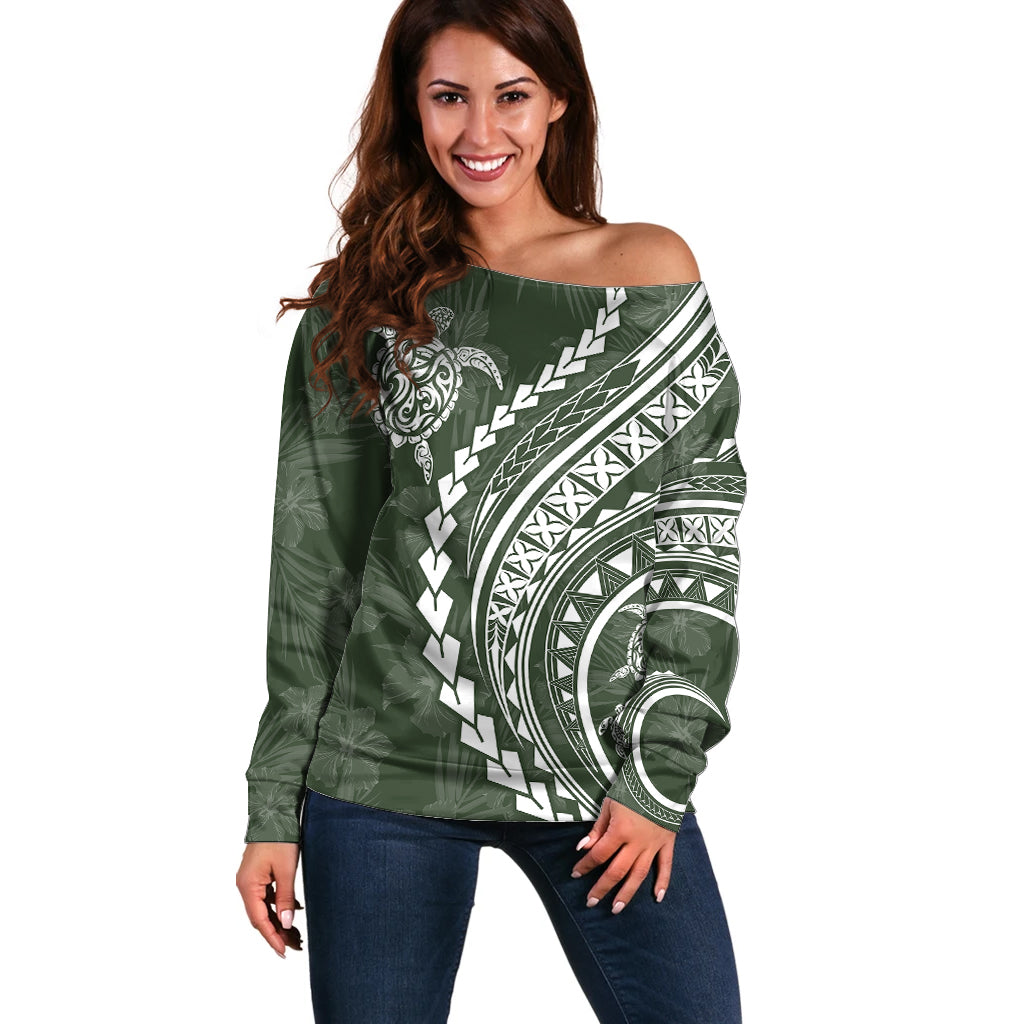 Polynesian Pride Off Shoulder Sweater Turtle Hibiscus Luxury Style - Sage - Wonder Print Shop