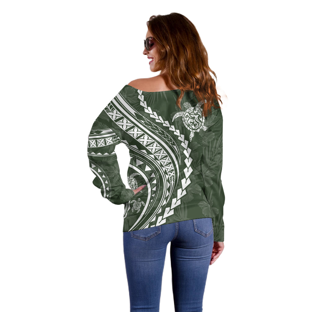 Polynesian Pride Off Shoulder Sweater Turtle Hibiscus Luxury Style - Sage - Wonder Print Shop