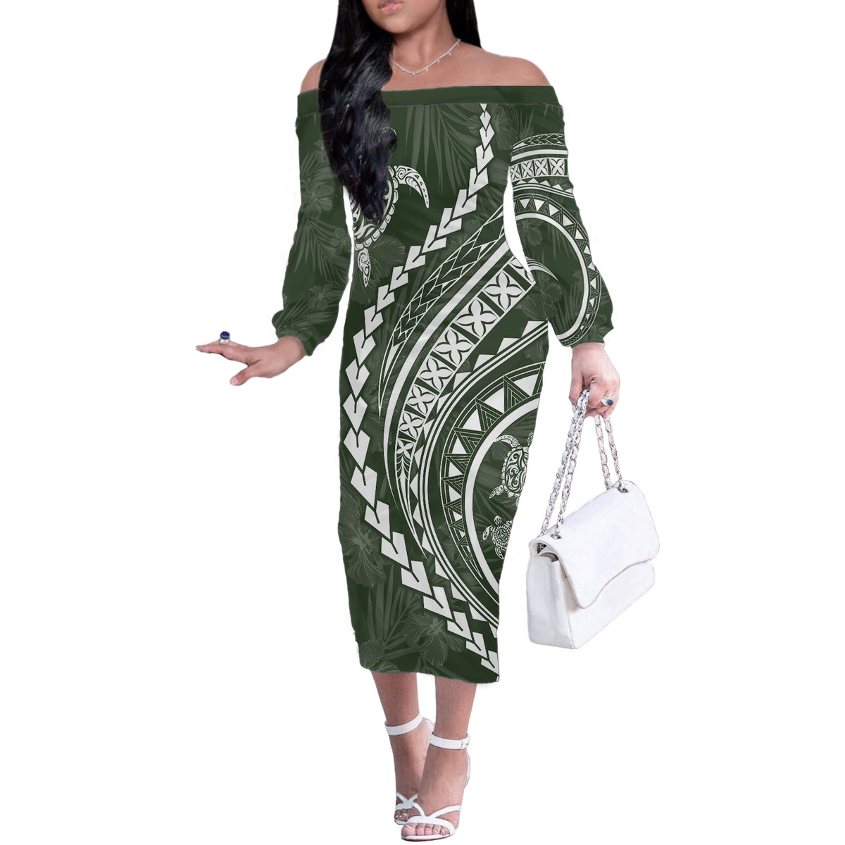 Polynesian Pride Off The Shoulder Long Sleeve Dress Turtle Hibiscus Luxury Style - Sage - Wonder Print Shop