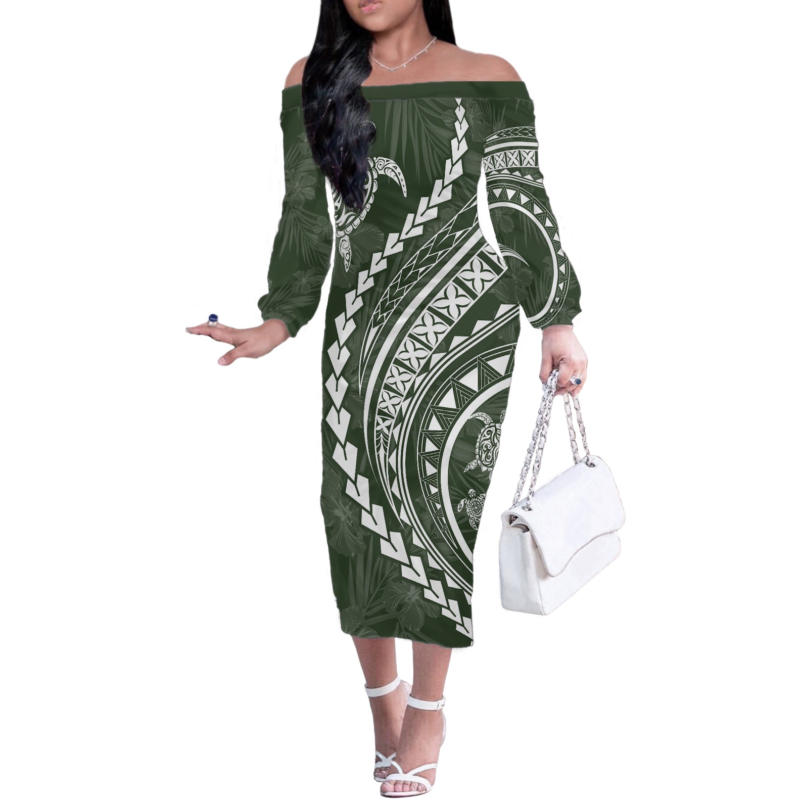 Polynesian Pride Off The Shoulder Long Sleeve Dress Turtle Hibiscus Luxury Style - Sage - Wonder Print Shop