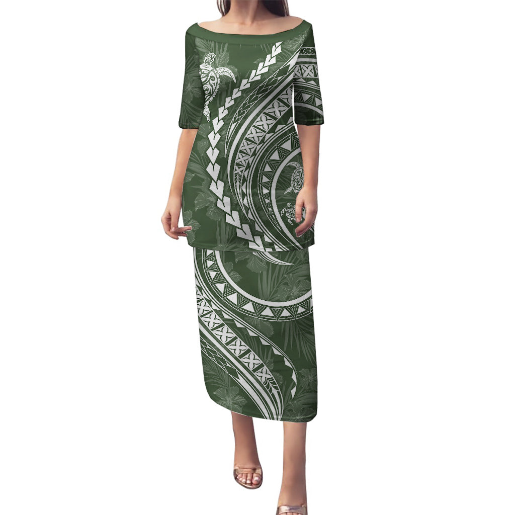 Polynesian Pride Puletasi Turtle Hibiscus Luxury Style - Sage - Wonder Print Shop
