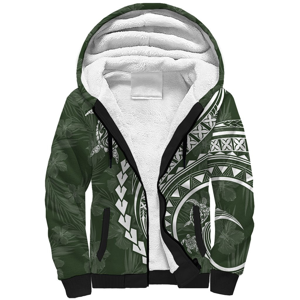 Polynesian Pride Sherpa Hoodie Turtle Hibiscus Luxury Style - Sage - Wonder Print Shop