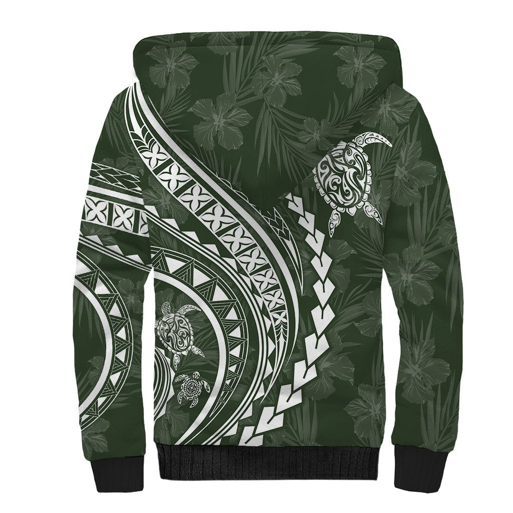 Polynesian Pride Sherpa Hoodie Turtle Hibiscus Luxury Style - Sage - Wonder Print Shop