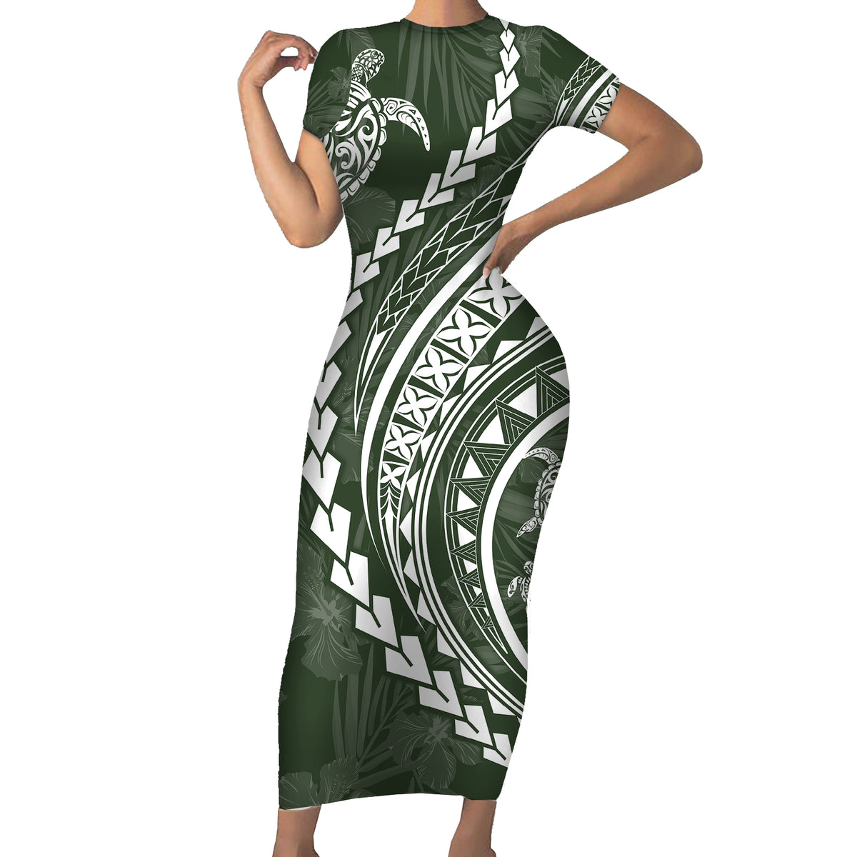 Polynesian Pride Short Sleeve Bodycon Dress Turtle Hibiscus Luxury Style - Sage - Wonder Print Shop