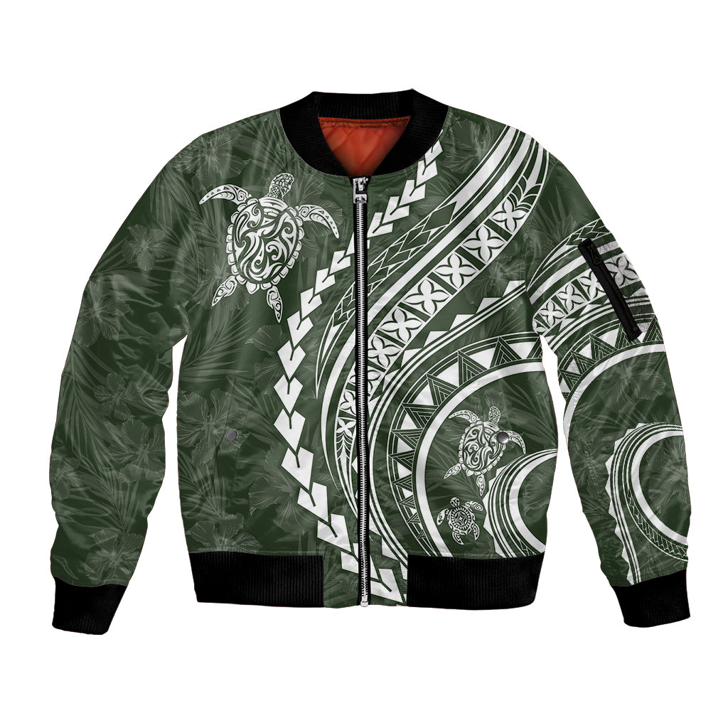 Polynesian Pride Sleeve Zip Bomber Jacket Turtle Hibiscus Luxury Style - Sage - Wonder Print Shop