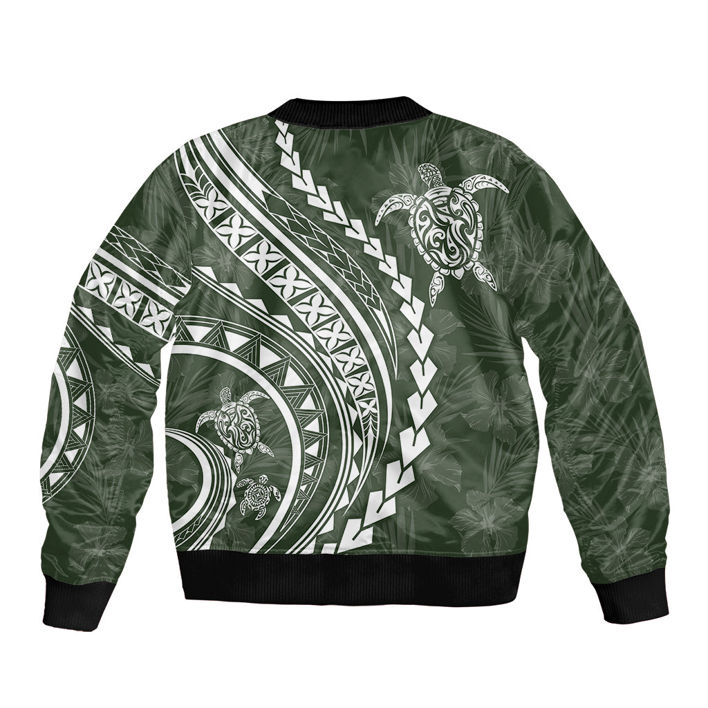Polynesian Pride Sleeve Zip Bomber Jacket Turtle Hibiscus Luxury Style - Sage - Wonder Print Shop