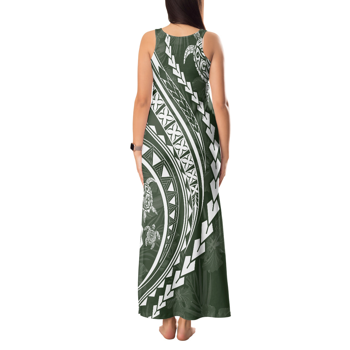 Polynesian Pride Tank Maxi Dress Turtle Hibiscus Luxury Style - Sage - Wonder Print Shop