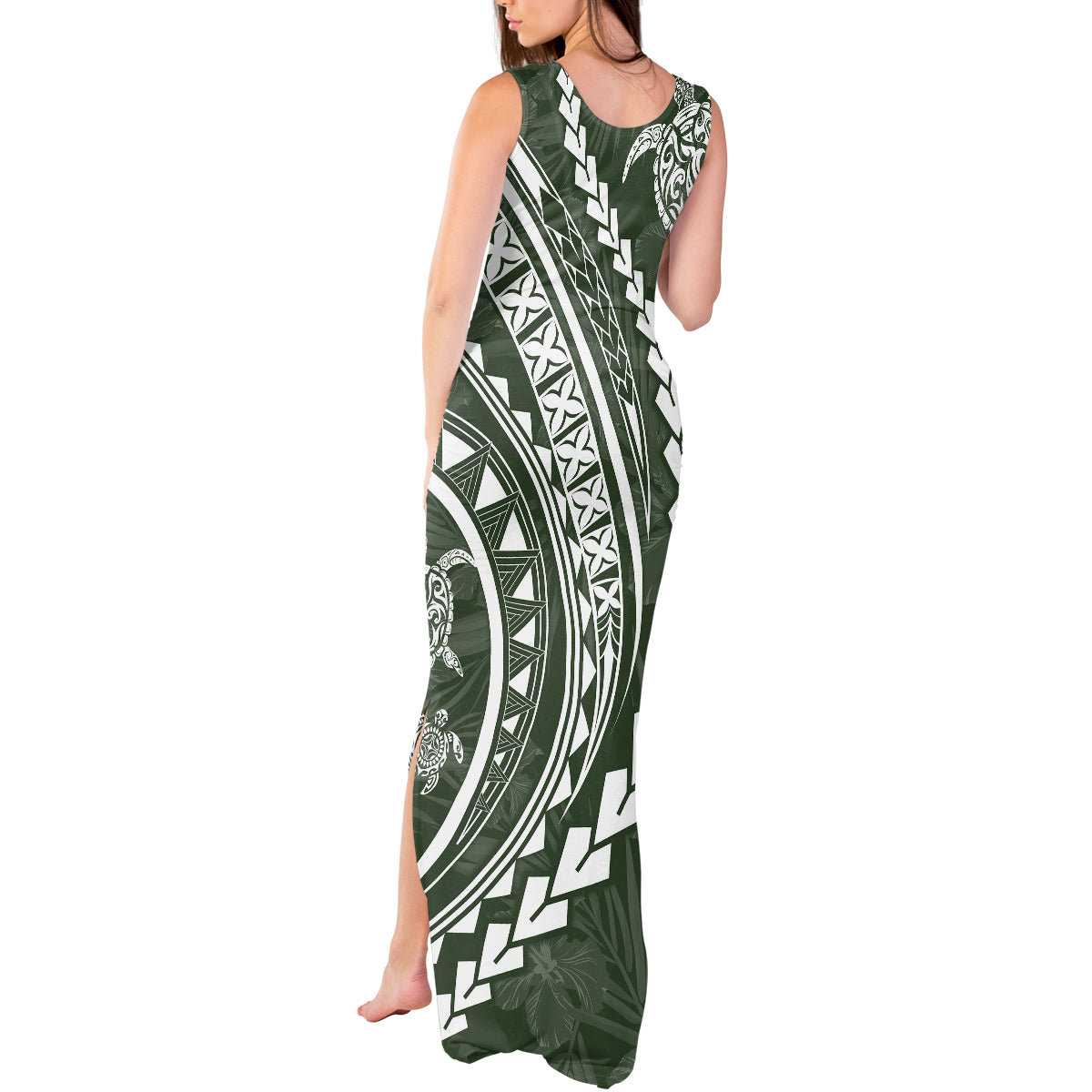 Polynesian Pride Tank Maxi Dress Turtle Hibiscus Luxury Style - Sage - Wonder Print Shop