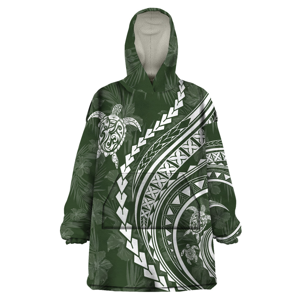 Polynesian Pride Wearable Blanket Hoodie Turtle Hibiscus Luxury Style - Sage - Wonder Print Shop