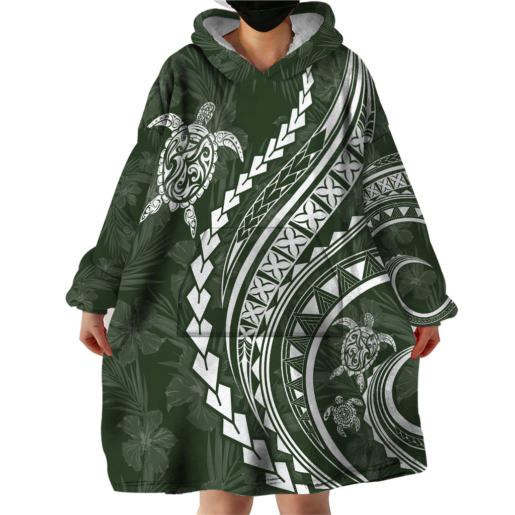 Polynesian Pride Wearable Blanket Hoodie Turtle Hibiscus Luxury Style - Sage - Wonder Print Shop
