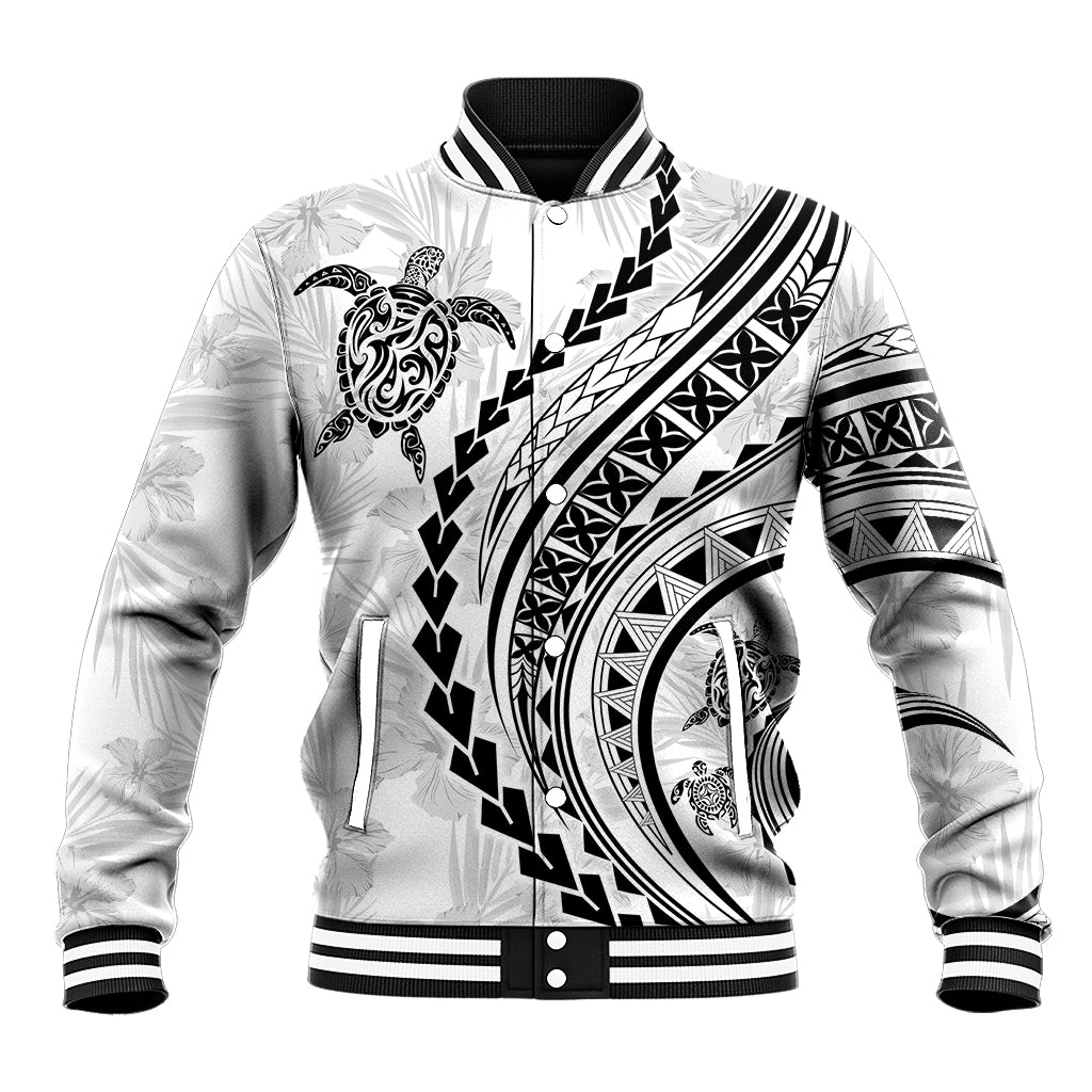 Polynesian Pride Baseball Jacket Turtle Hibiscus Luxury Style - White LT7 - Wonder Print Shop