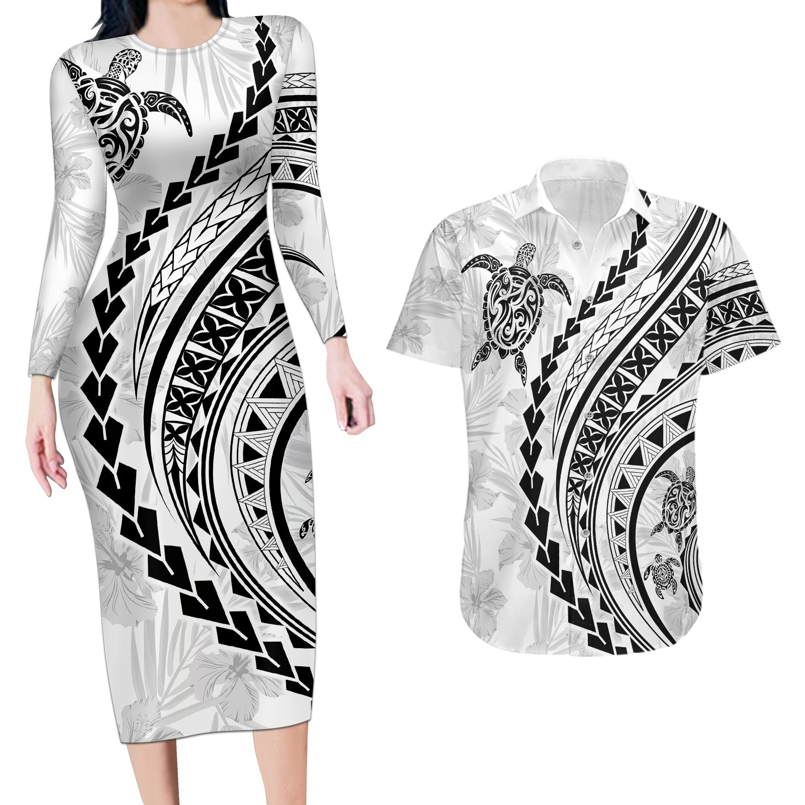 Polynesian Pride Couples Matching Long Sleeve Bodycon Dress and Hawaiian Shirt Turtle Hibiscus Luxury Style - White LT7 - Wonder Print Shop