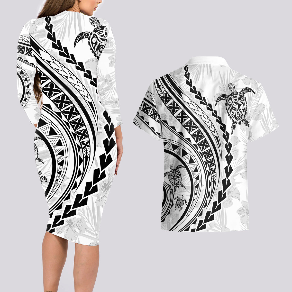 Polynesian Pride Couples Matching Long Sleeve Bodycon Dress and Hawaiian Shirt Turtle Hibiscus Luxury Style - White LT7 - Wonder Print Shop