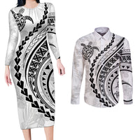 Polynesian Pride Couples Matching Long Sleeve Bodycon Dress and Long Sleeve Button Shirts Turtle Hibiscus Luxury Style - White LT7 - Wonder Print Shop