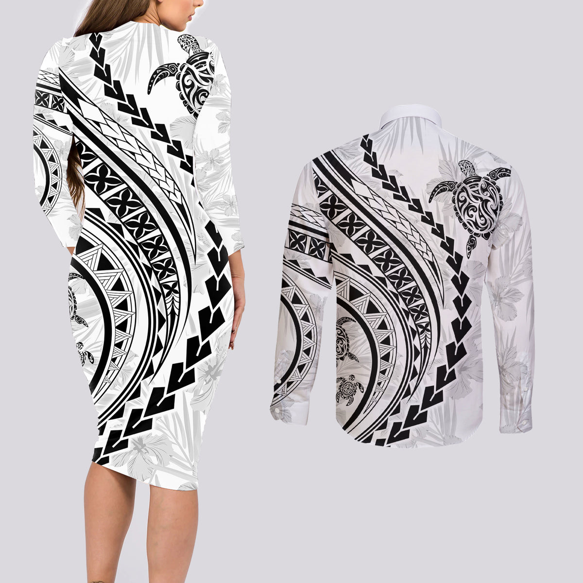 Polynesian Pride Couples Matching Long Sleeve Bodycon Dress and Long Sleeve Button Shirts Turtle Hibiscus Luxury Style - White LT7 - Wonder Print Shop