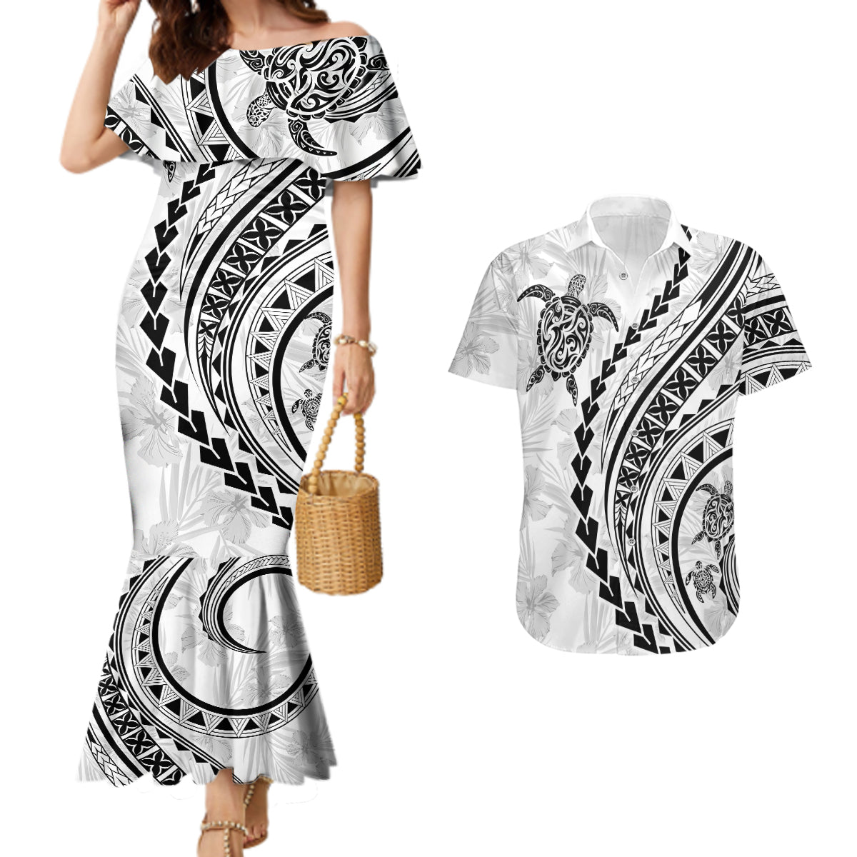 Polynesian Pride Couples Matching Mermaid Dress and Hawaiian Shirt Turtle Hibiscus Luxury Style - White LT7 - Wonder Print Shop