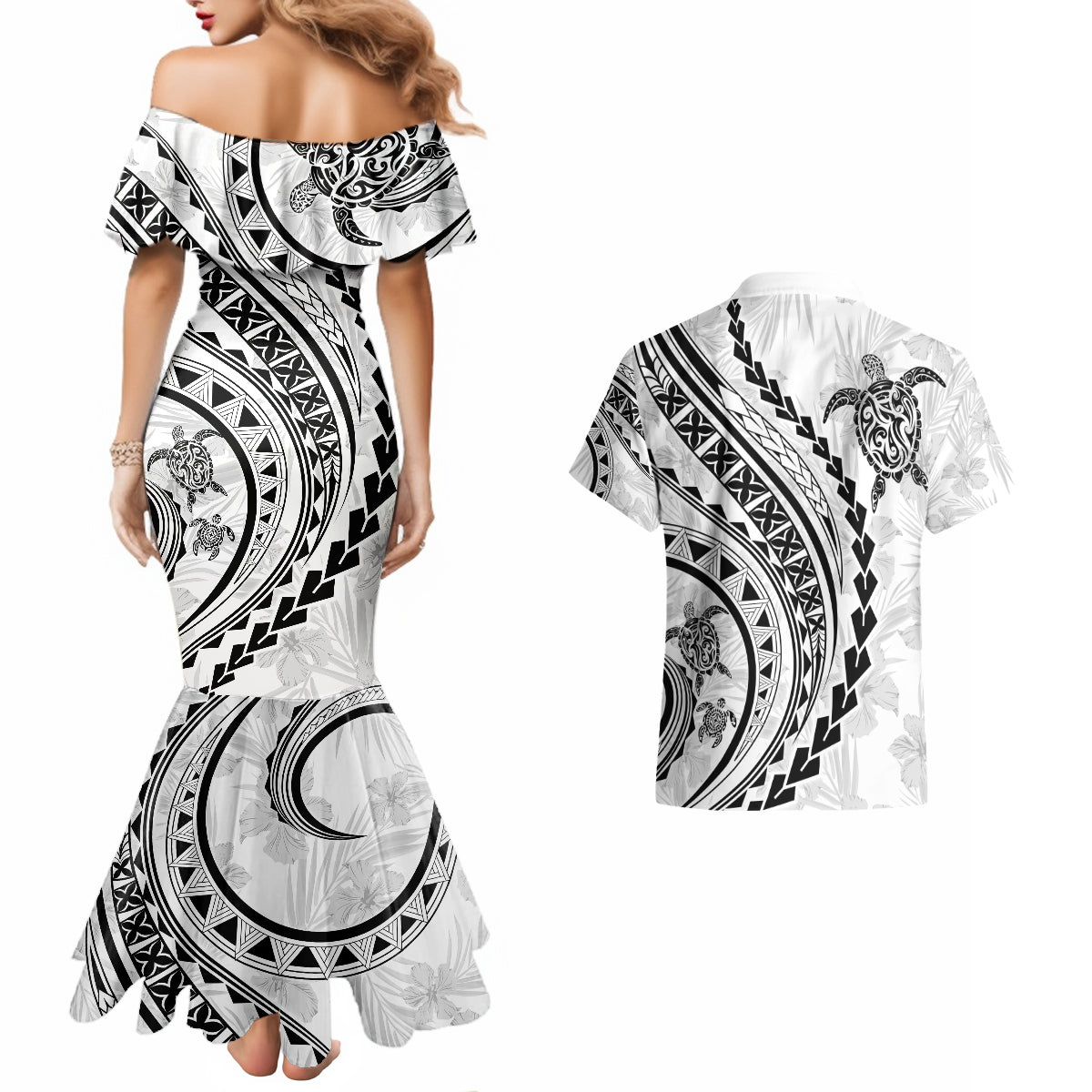 Polynesian Pride Couples Matching Mermaid Dress and Hawaiian Shirt Turtle Hibiscus Luxury Style - White LT7 - Wonder Print Shop