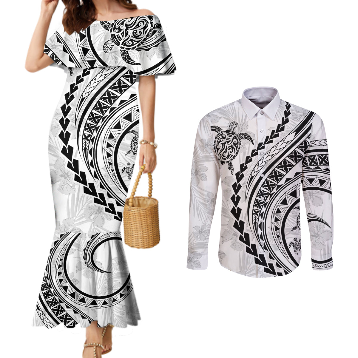 polynesian-pride-couples-matching-mermaid-dress-and-long-sleeve-button-shirts-turtle-hibiscus-luxury-style-white